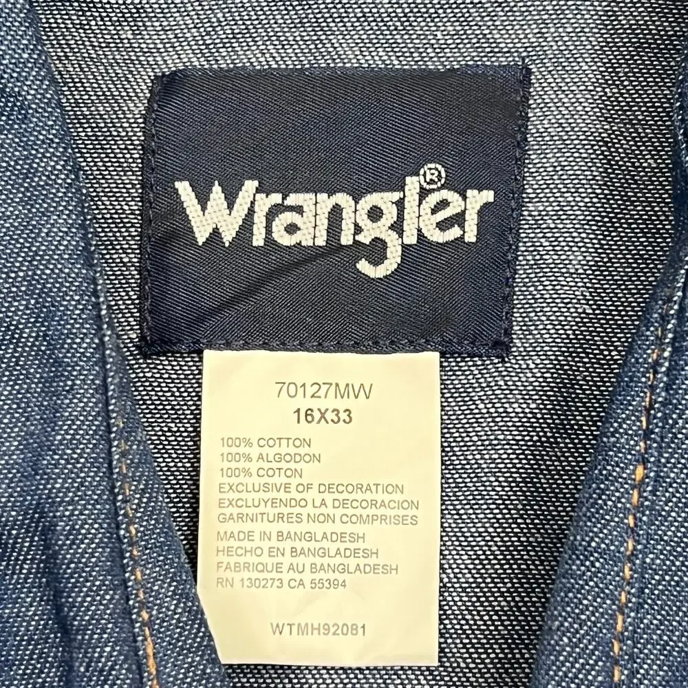 Wrangler Western Shirt Men's 16 X 33 Blue Denim 100% Cotton Pockets Pearl Snap - Picture 5 of 9